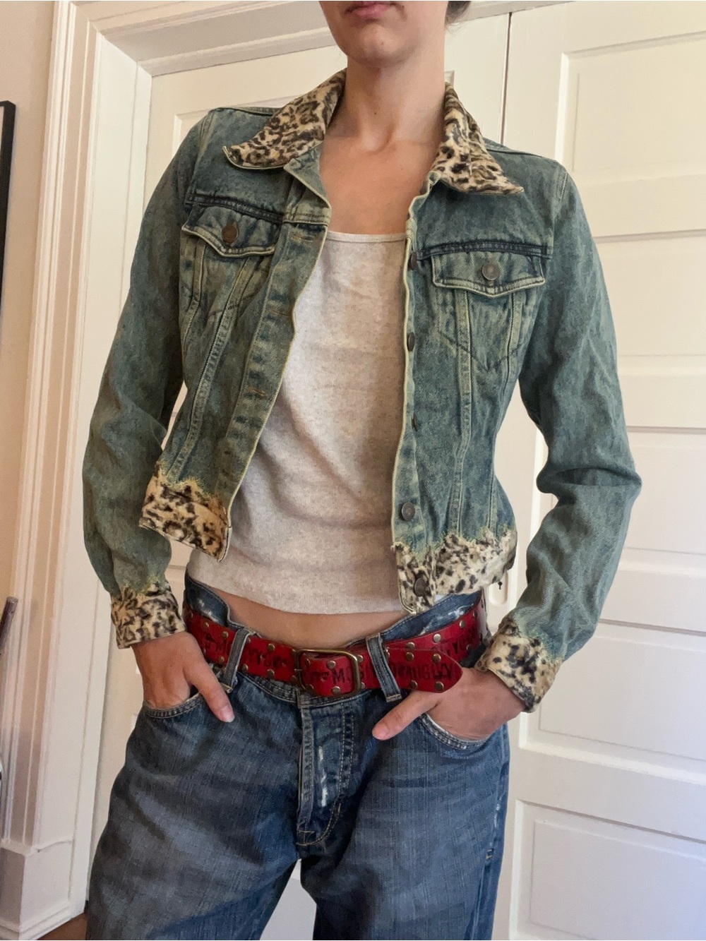 Leopard Trim Denim Jacket
